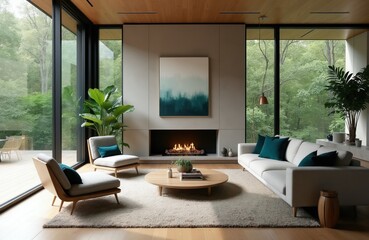 Fototapeta premium Modern living room features white sofa, armchairs, and fireplace. Large windows offer forest view. Wood accents, plush rug create cozy atmosphere. Minimalist art adorns wall.