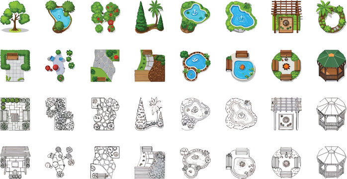 Landscape design elements set with top view trees ponds gazebos and garden paths in vector illustration