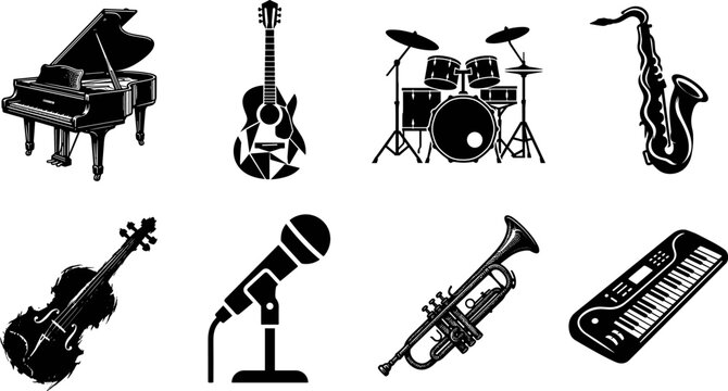 Collection of musical instruments icons including grand piano acoustic guitar drum kit saxophone violin microphone trumpet and electronic keyboard