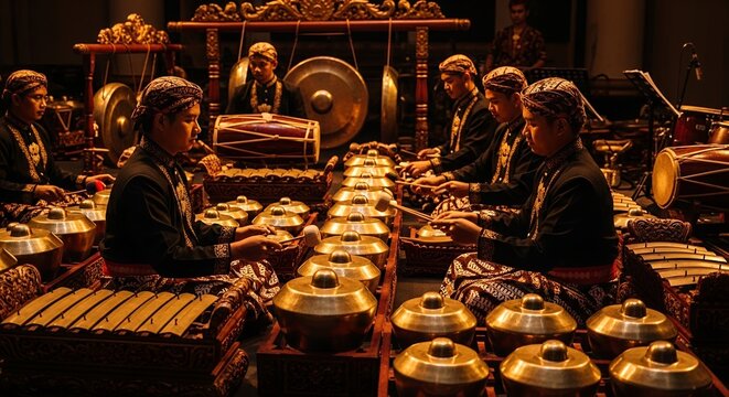 Traditional Indonesian Gamelan Ensemble Musicians Performing Cultural Music with Bronze Percussion Instruments in a Formal Setting
