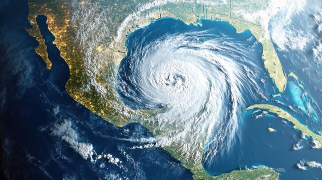 Massive hurricane swirls over the Gulf of Mexico showcasing extreme weather patterns and global climate impact from an aerial perspective.