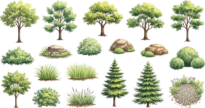 Set of various trees bushes and rocks for landscape design isolated on white background vector illustration