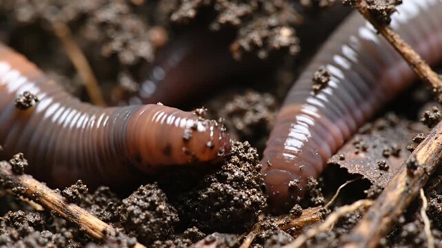 Earthworms crawling through rich dark organic garden soil