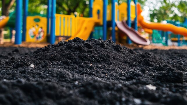 Pile of Dark Soil in a Vibrant Playground Setting, Highlighting Potential Contamination Concerns Amidst Playful Structures