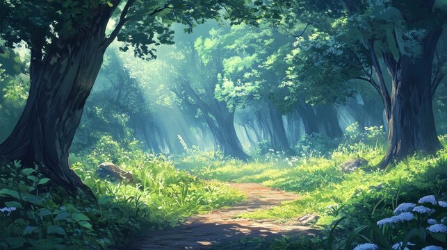 Sunlight filtering through a lush green forest onto a tranquil walking path