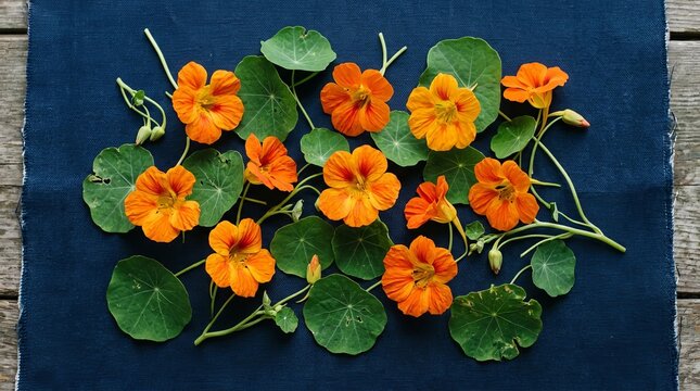 Vibrant orange nasturtium flowers and leaves artfully arranged on a textured dark blue surface