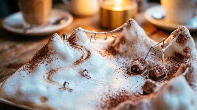 Creative food art transforming cappuccino foam into a mountain-like landscape dusted with cocoa powder.
