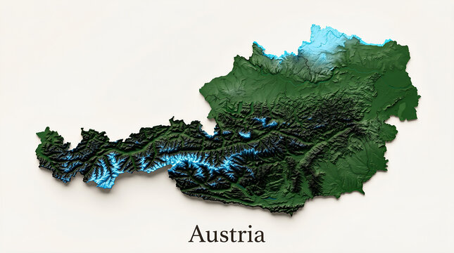 3D Topographical Relief Map of Austria with Alpine Elevations