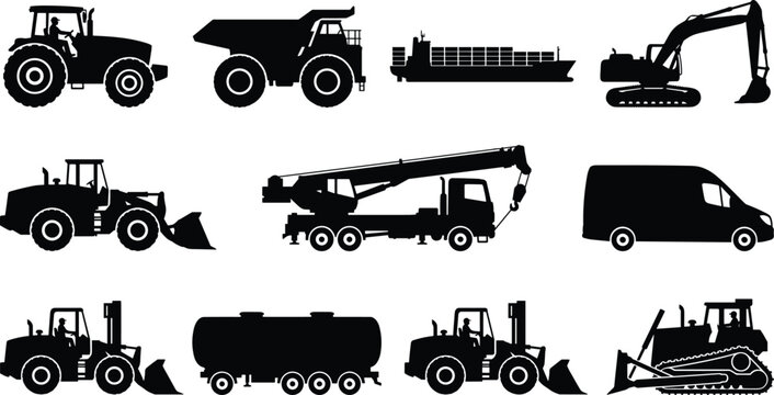 Collection of farm and construction vehicle silhouettes featuring tractors, trailers, excavators, loaders, and forklifts