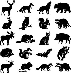 Obraz premium Wild animals silhouette set with bear, deer, wolf, fox, and owl
