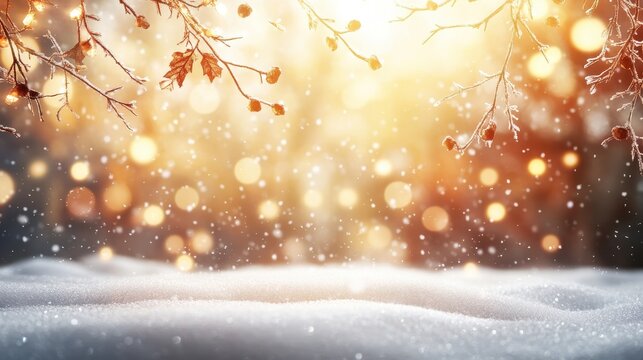Soft, warm golden light illuminates a snowy winter landscape with falling snow and festive bokeh, evoking a magical holiday atmosphere.