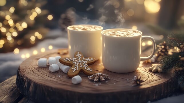 Two steaming mugs of hot chocolate with gingerbread cookies and marshmallows, evoking cozy holiday warmth and festive cheer.