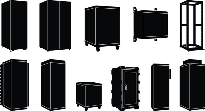 Collection of industrial cabinet silhouettes featuring enclosures, server racks, control boxes, and storage frames