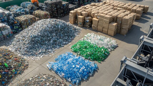 Recycling center with large piles of plastic bottles and cardboard boxes stored outdoors