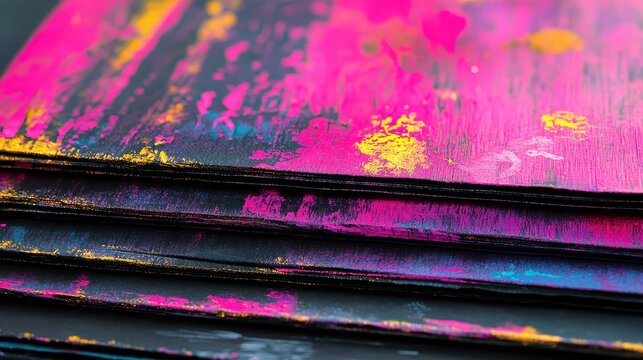Vibrant Abstract Printed Materials Showcasing Bold Designs and Textures Stacked Under Studio Lighting