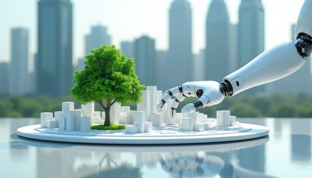 Robot arm builds eco friendly smart city model. Futuristic urban planning with green tree on miniature site. Automation innovation, sustainable development concept, future metropolis design.