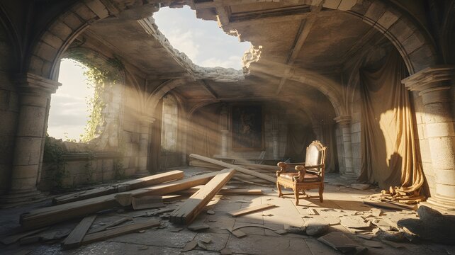 Sunlight Streaming Through Ruined Ceilings in Abandoned Building Interior