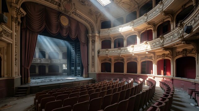 Elegant historic theater interior with stage and seating under soft lighting