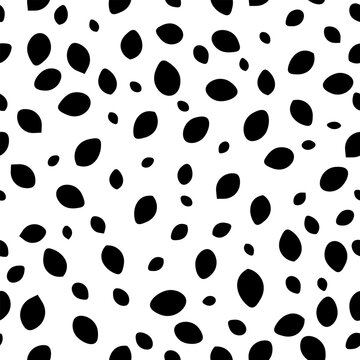 Modern black and white seamless pattern featuring irregular organic dots on a clean background. Ideal for textile prints, fabric design, wrapping paper, packaging, stationery, wallpapers.