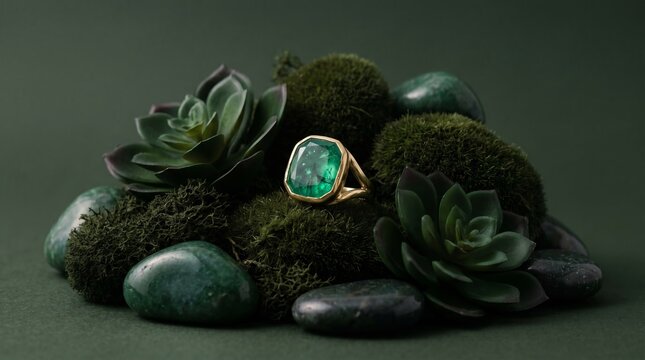 Premium jewelry composition featuring an emerald gemstone ring surrounded by natural succulent elements.