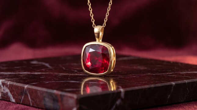 Elegant ruby gemstone pendant necklace displayed on rich velvet, emphasizing luxury and sophistication.
