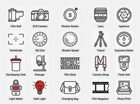 Photography Equipment Icons: Camera Gear, Accessories, and Darkroom Tools