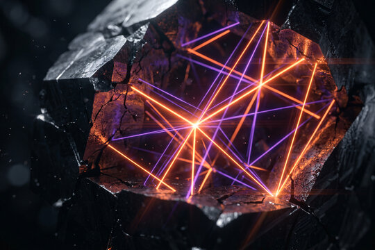 Extreme close-up of a fractured dark crystalline core illuminating an internal network of glowing neon orange and purple linear lasers