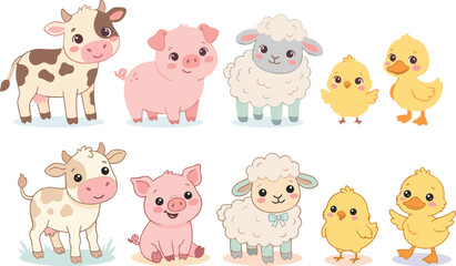 Fototapeta premium Cute Baby Farm Animal Character Set with Cow Pig Sheep Chick Duck for Kids Nursery Sticker Greeting Card and Clipart Designs