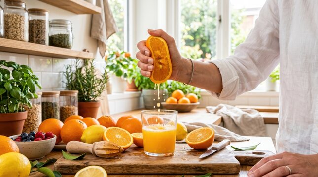 Person squeezing orange on kitchen counter with fruits