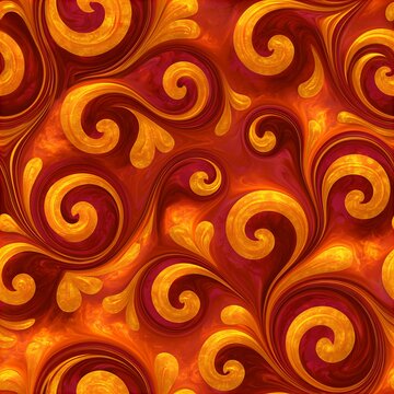 Gold and red watercolor khachkar seamless pattern with elegant swirls