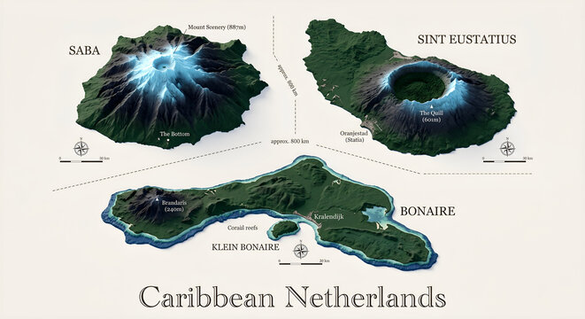 3D Topographical Relief Map of the Caribbean Netherlands