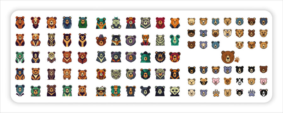 Bear Mascot Logo Collection and Cute Bear Face bundle web icon Set Vector Wildlife Character Illustrations