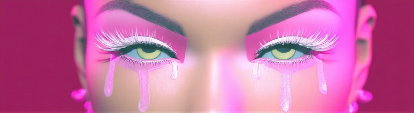 Close up of eyes with white eyelashes and pink liquid tears. Avant garde makeup and fashion concept. Abstract digital art portrait