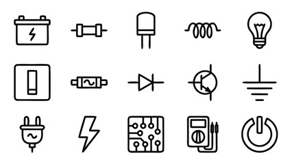 Fototapeta premium Minimalist Vector Set of 15 Electricity and Circuit Line Icons Featuring Light Bulbs, Batteries, Plugs, and Electronic Components in a Uniform Stroke Style for Engineering and Energy Projects.