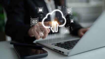 Fototapeta premium Cloud computing enables digital growth with secure data storage, scalable infrastructure, and strategic cloud-based business solutions. Latch