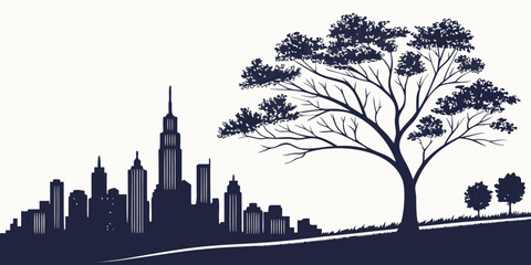 Obraz premium City skyline silhouette with large tree in foreground silhouette landscape architecture buildings metropolis outdoors environment illustration monochrome structures downtown minimalist
