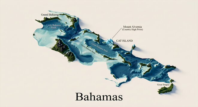 3D Topographical Relief Map of the Bahamas with Ocean Bathymetry
