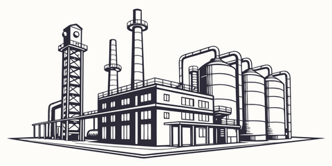 Industrial manufacturing plant facility with storage silos and pipes industrial manufacturing facility production industry refinery chemical processing infrastructure construction building © AX