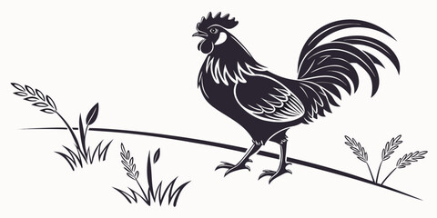Rooster standing in a field with wheat stalks illustration countryside livestock cockerel agriculture domestic standing silhouette minimalist farmyard creature creative ornamental © AX