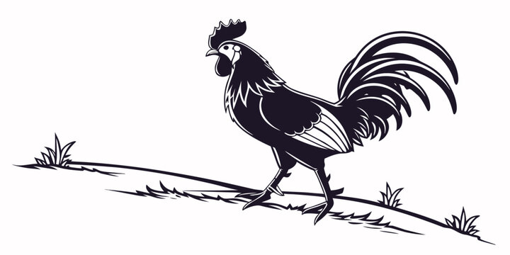 Detailed rooster silhouette standing in grassy field illustration with animal husbandry silhouette livestock farmyard agriculture domestic wildlife illustration stylized minimalist feathers