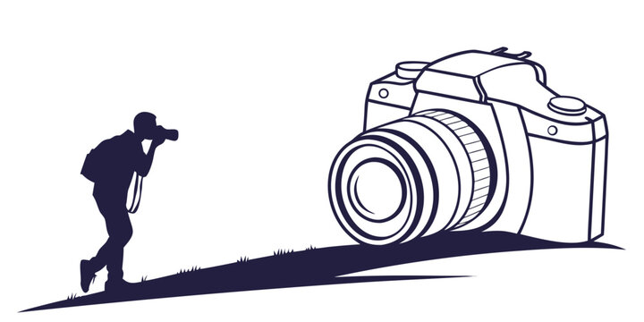 Silhouette of a photographer taking a picture of a large camera with white background photography photographer shooting equipment professional creative silhouette illustration comparision