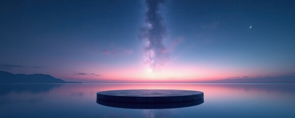 Obraz na płótnie Canvas Circular platform on calm water under starry sky with crescent moon. Pink and blue twilight gradient over smooth sea surface. Serene landscape, dreamlike atmosphere.