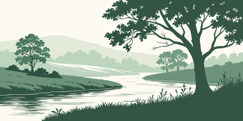 Artistic river valley landscape graphic with a prominent foreground tree landscape illustration outdoors environment countryside silhouette background mountain wilderness woodland © AX