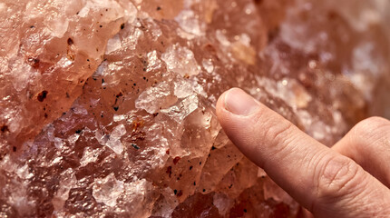Fototapeta premium Closeup of a human finger touching a large piece of pink salt