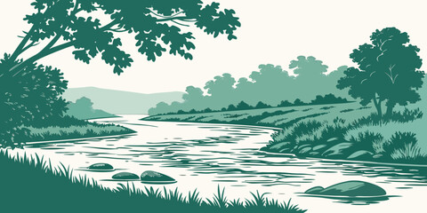 Illustration of a rocky river landscape with a sprawling tree canopy landscape illustration outdoors environment countryside background wilderness woodland © AX