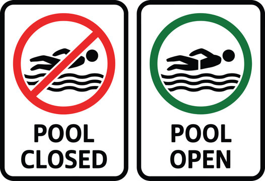 Swimming pool open and close sign set featuring pool access status symbols for public facilities, recreation centers, and aquatic safety signage.