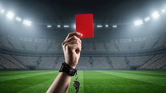 Referee hand holding a red card up in a large illuminated soccer stadium at generated using ai