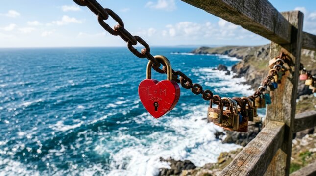 Heart-shaped lock symbolizes enduring love on a scenic coastal path overlooking the ocean.