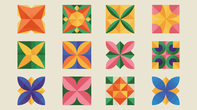 Geometric floral ornament collection a vibrant arrangement of nine square patterned designs on a pale background pattern design quilt block