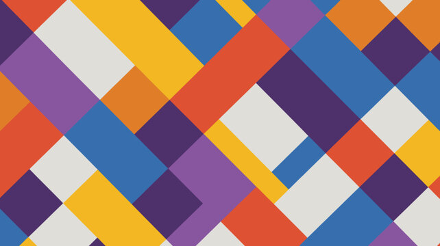 Geometric pattern featuring overlapping rectangles in shades of orange purple blue and yellow abstract rectangle shapes color block colorful flat